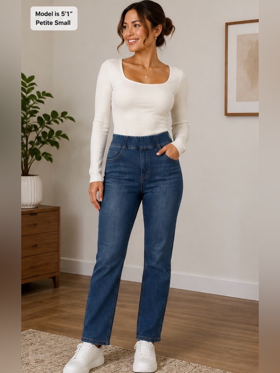 HALARA Denim - 681 NWT Halara Flex Pull On Straight Leg Jeans Petite Small Blue Stretch